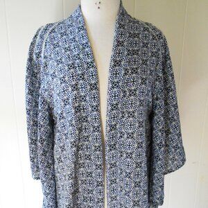 Japna Blue and White Mosaic Tunic Topper, Size M, Lace Trim, Bell Sleeves